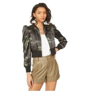 NEW GENERATION LOVE TINSLEY CAMOUFLAGE SATIN BOMBER JACKET $348 GREEN